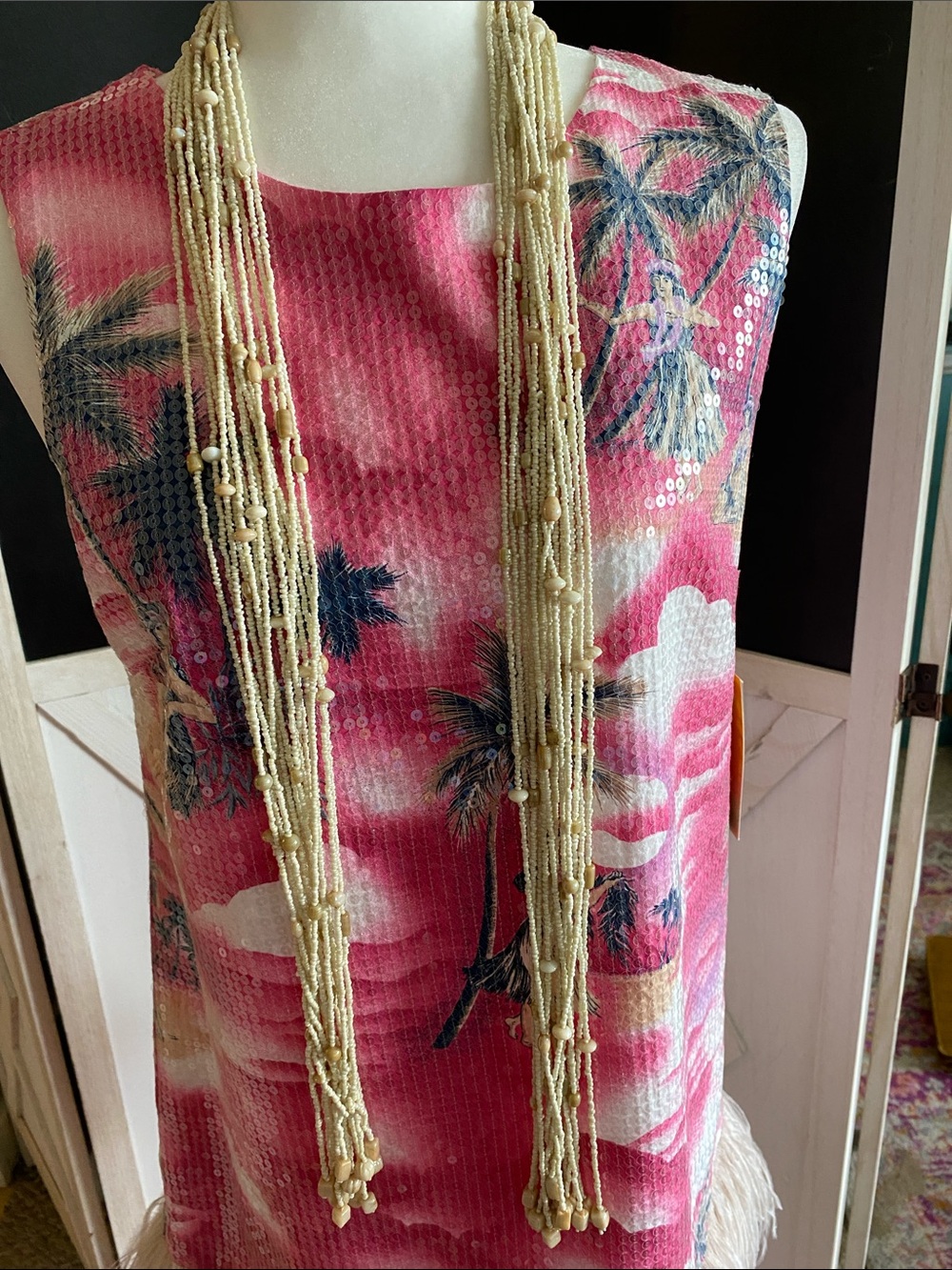 Vintage Faux Cream Seed Beads Layered Lariat Necklace